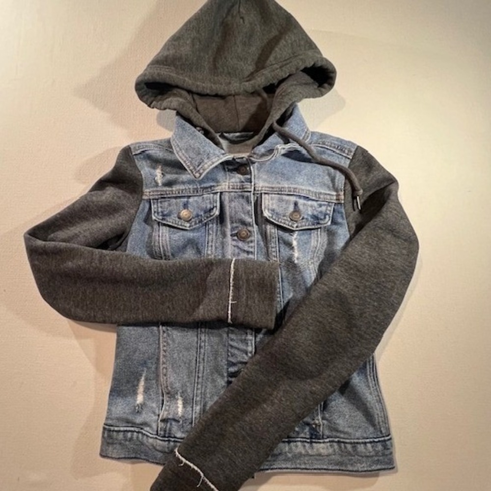 Hollister Denim Hooded Jacket Women XS Blue Grey Distressed Mixed Media Button